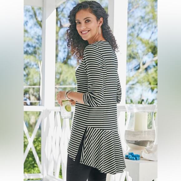 Soft Surroundings Calista Grey & Black Stripe Lightweight Peplum Jacket - Picture 1 of 8